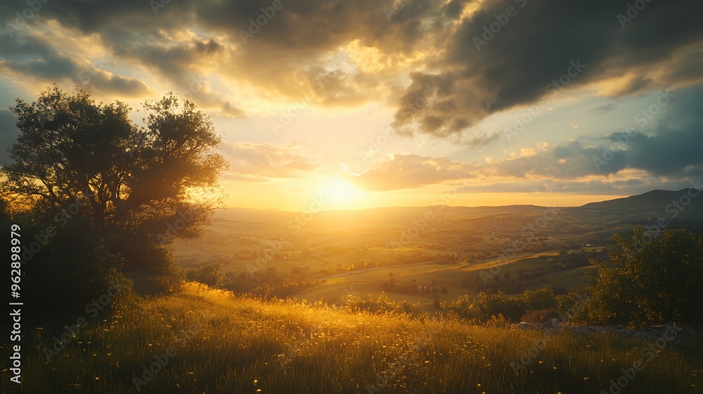 Obraz premium A vibrant sunset over rolling hills with a lone tree silhouetted in the foreground.