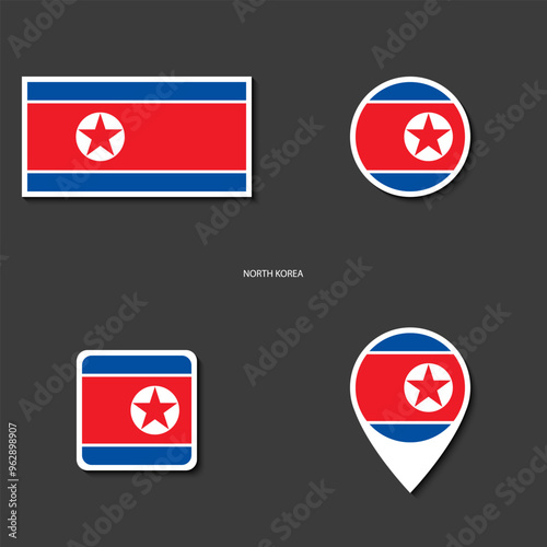 North Korea flag icon set in different shape (rectangle, circle, square and marker icon) on dark grey background. North Korea sticker icon collection on barely dark background