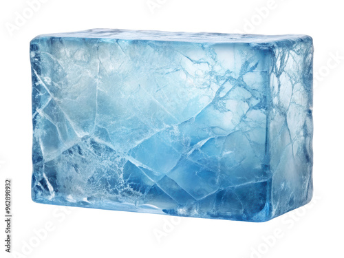 Blue transparent ice block featuring intricate cracks throughout its surface, showcasing a textured and frosty appearance. Isolated on transparent background, png.