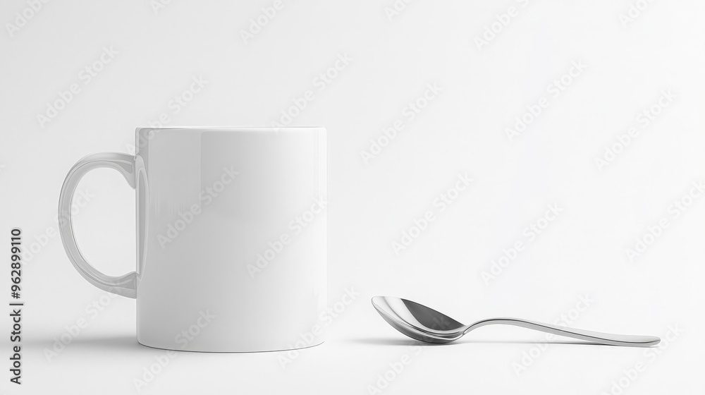 Mug with a spoon on white background, minimalist design Mug with a spoon on white background, minimalist design