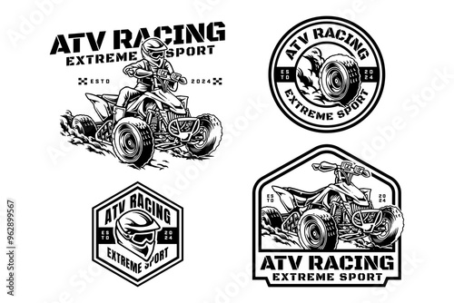 All-terrain vehicle off-road 4x4 quad and ATV quad racing logo design for extreme sport. ATV rider and vehicle sign symbol modern logo. ATV helmet and tire sport emblem badge logo illustration