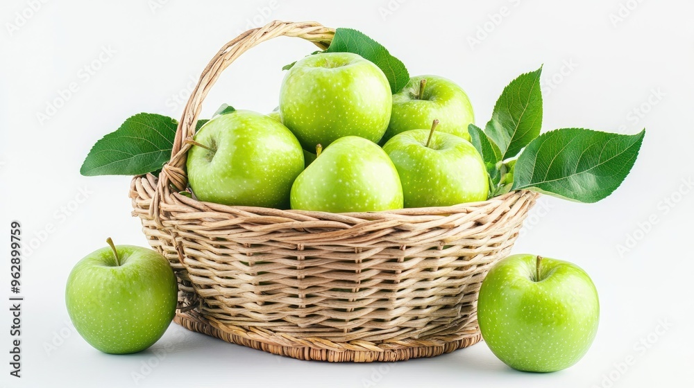 Fresh Green Apples in a Wicker Basket with Leaves - Healthy Fruit and Nature Fresh Green Apples in a Wicker Basket with Leaves - Healthy Fruit and Nature