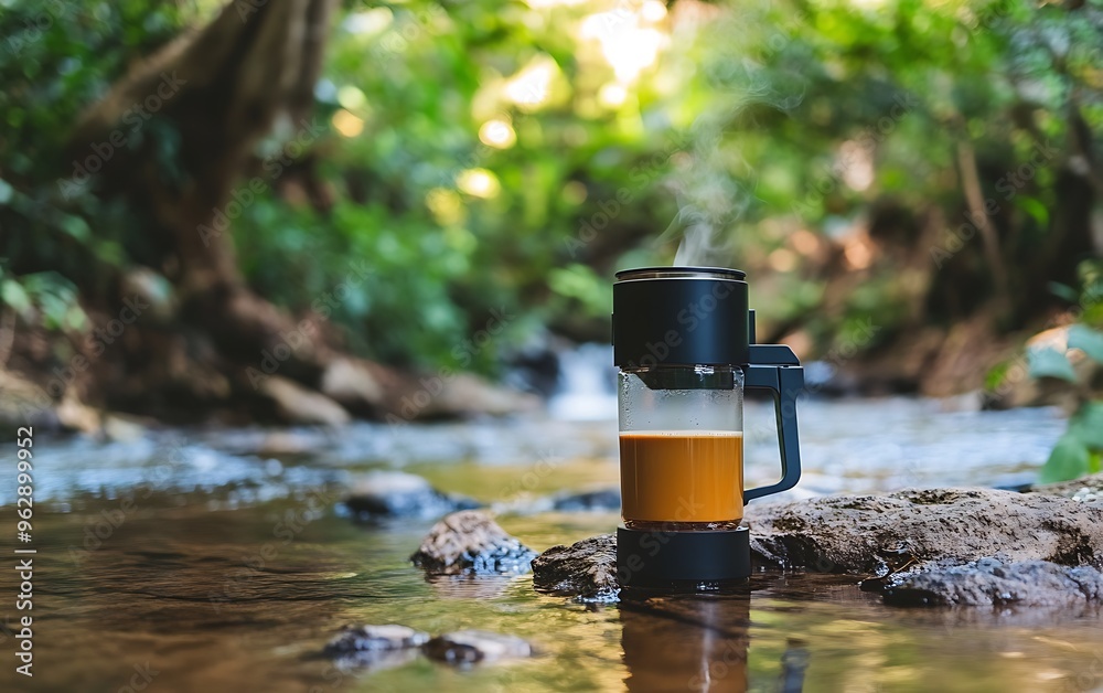Serene Espresso Brewing: Portable Coffee Maker by Stream in Lush Forest - Photo-realistic Unsplash Style Serene Espresso Brewing: Portable Coffee Maker by Stream in Lush Forest - Photo-realistic Unsplash Style