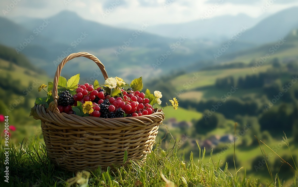 Serene Bounty: Handwoven Basket of Fresh Berries and Nuts on Grassy Hill Overlooking Valley - Photo-realistic Unsplash Style
