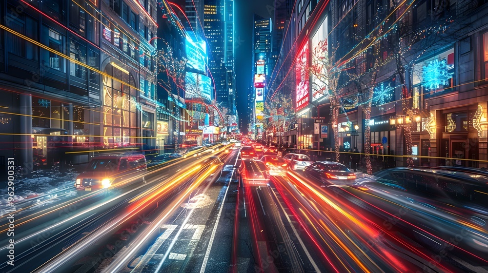 Vibrant Cityscape at Night with Traffic Lights and Holiday Decorations Vibrant Cityscape at Night with Traffic Lights and Holiday Decorations