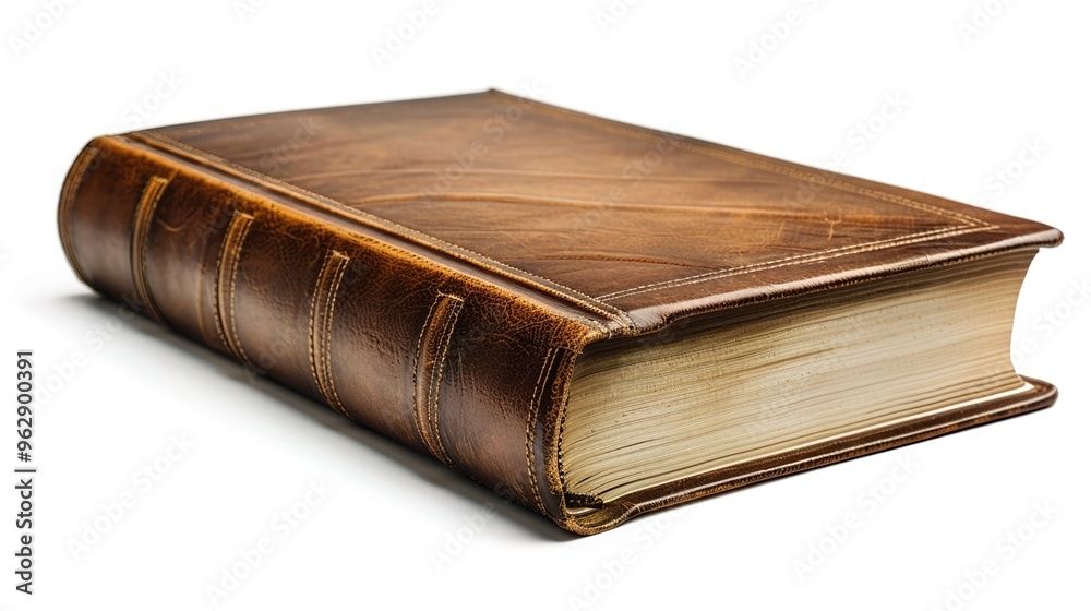 A closed book with a realistic leather cover and spine details on a white background. A closed book with a realistic leather cover and spine details on a white background.