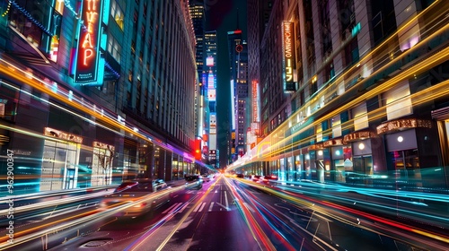 Vibrant Cityscape at Night with Light Trails