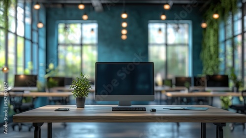 Wallpaper Mural Modern office interior with computers on table and blue glass wall  Torontodigital.ca
