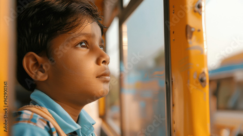 Indian school boy looking from bus window