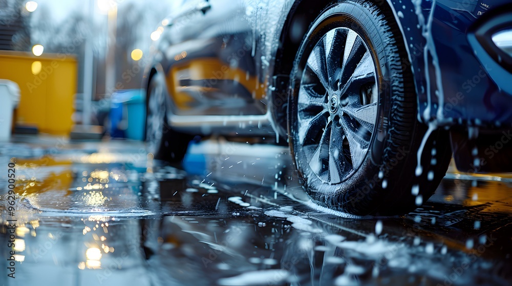 Car Wash Detailing Closeup of Wheel Cleaning with Soap Suds Car Wash Detailing Closeup of Wheel Cleaning with Soap Suds