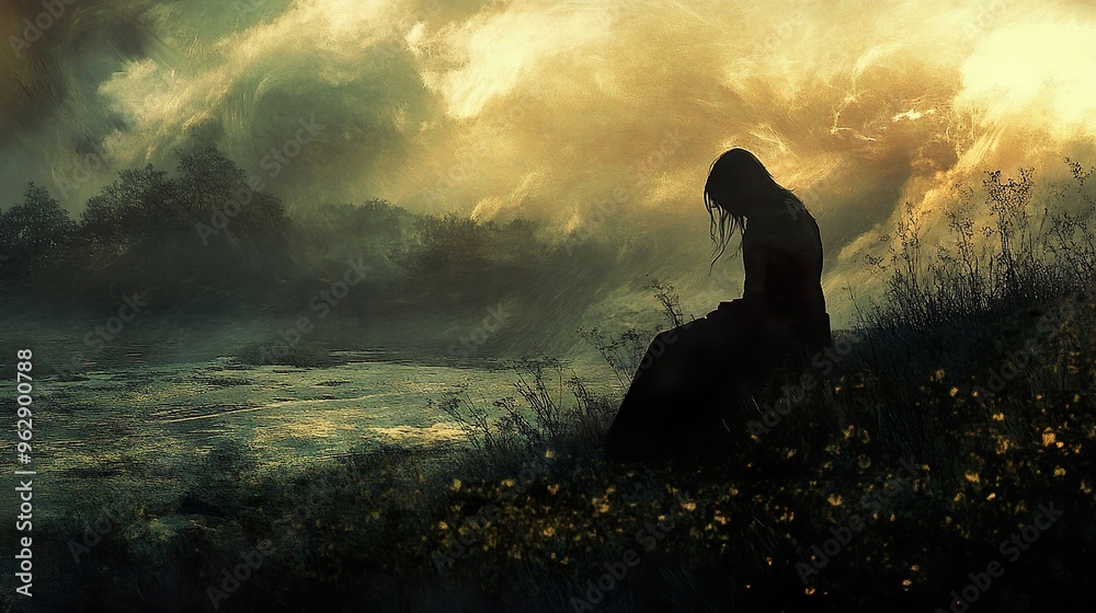 Obraz premium Cloaked Figure Sitting in a Misty Landscape at Sunset
