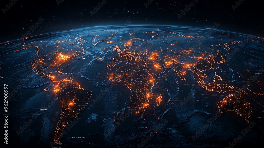 A world map of global connections lights up the night, with city lights and lines illustrating the vast digital web of the Earth. A world map of global connections lights up the night, with city lights and lines illustrating the vast digital web of the Earth.