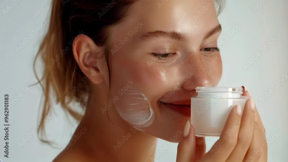 Woman applying face cream with a radiant smile