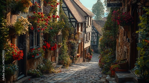 A picturesque European village with a cobblestone street exudes timeless charm and inviting, storybook-like atmosphere.