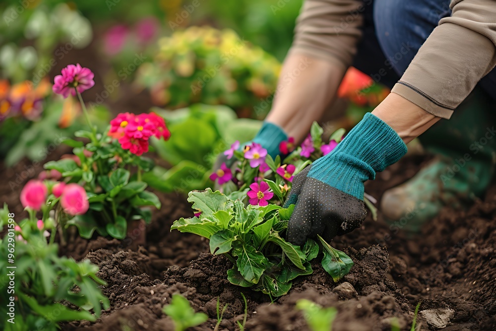 Fototapeta premium Planting flowers in a garden,Planting a plant with both&nbsp;hands