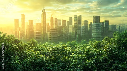 A green cityscape with buildings bathed in sunlight blends modern architecture with the lushness of surrounding foliage.