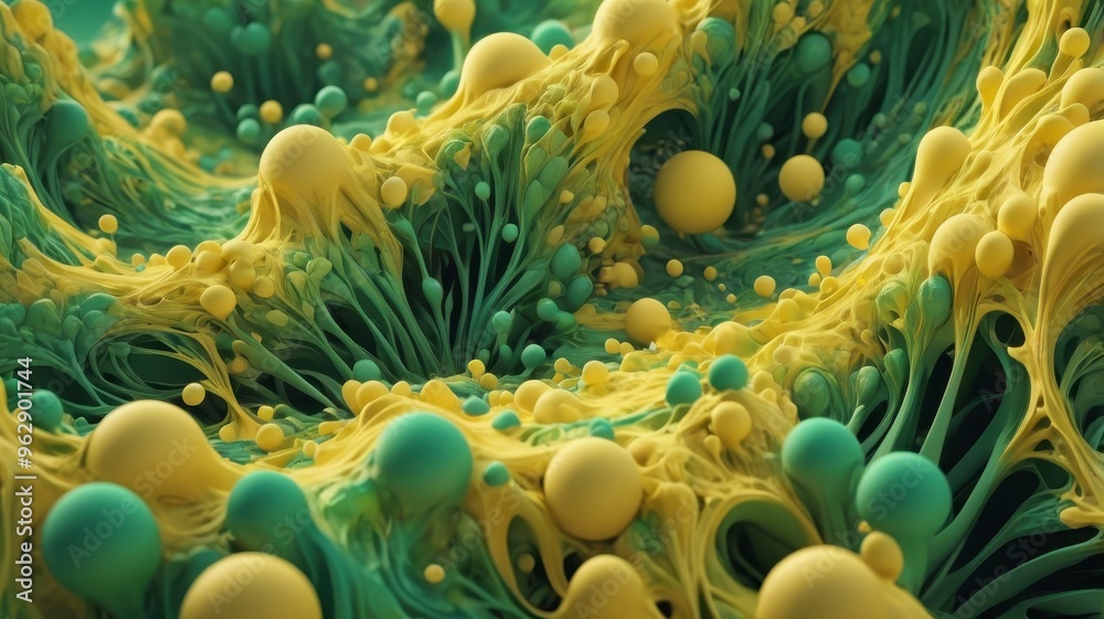 Fototapeta premium Yellow and green microscopic formations in abstract landscape