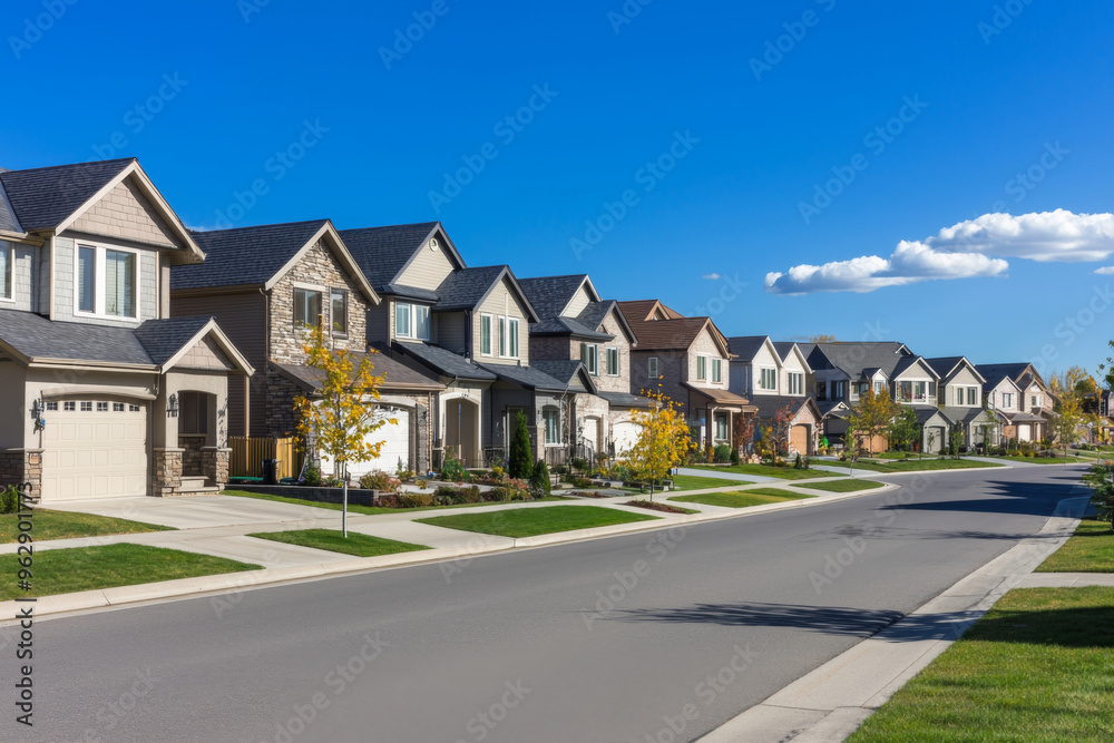 A serene suburban street lined with modern houses under a clear blue sky, showcasing a peaceful residential neighborhood. A serene suburban street lined with modern houses under a clear blue sky, showcasing a peaceful residential neighborhood.