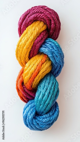 Multicolored rope knot on white background. Close up. Selective focus