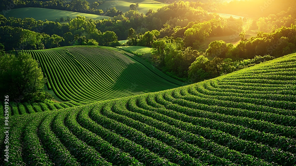 Rolling green hills with farmland bask in sunlight, painting a tranquil and picturesque landscape of rural life. Rolling green hills with farmland bask in sunlight, painting a tranquil and picturesque landscape of rural life.