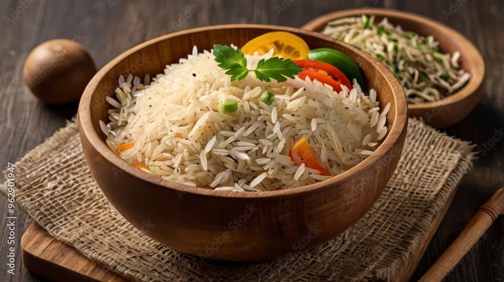 Yellow basmati rice with veggies in wooden bowl, isolated on transparent Yellow basmati rice with veggies in wooden bowl, isolated on transparent