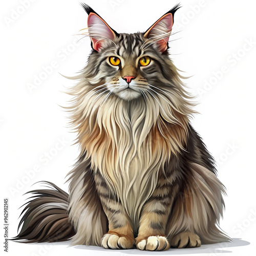 Maine Coon Cat with a fluffy tail sits on a white background