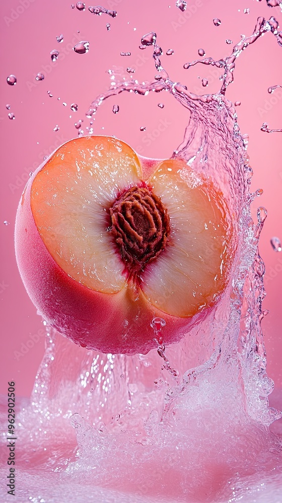 Fototapeta premium Peach Food shot of sweet peach, waterfall splash, liquid explosion