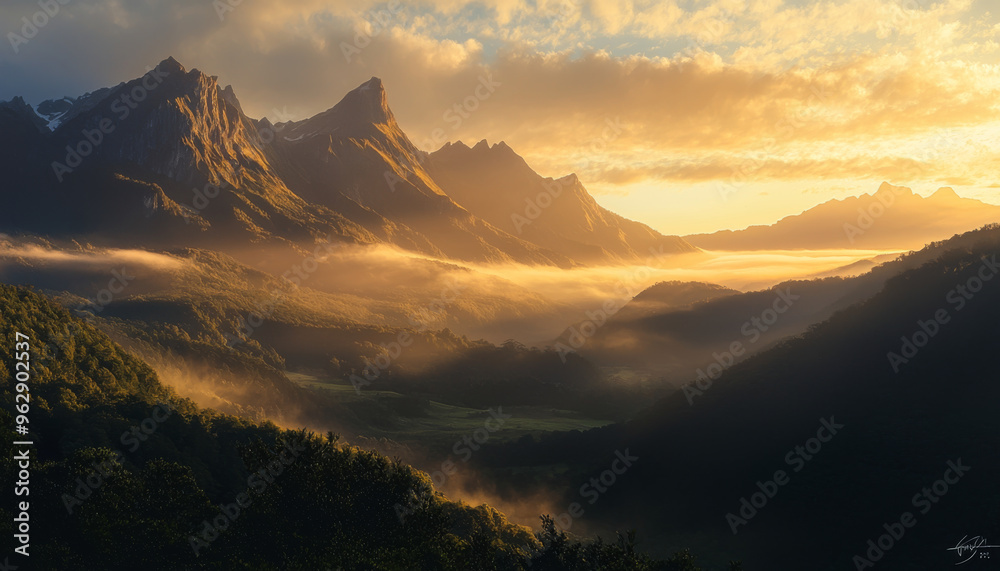 A breathtaking landscape featuring majestic mountains, misty valleys, and a warm sunrise illuminating the scene. A breathtaking landscape featuring majestic mountains, misty valleys, and a warm sunrise illuminating the scene.