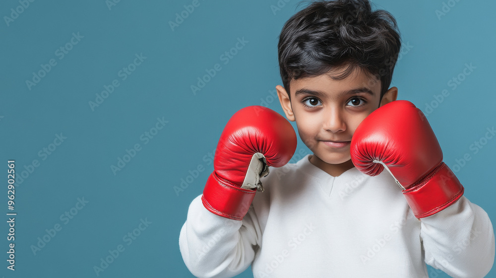 Indian little boy wearing red boxing gloves Indian little boy wearing red boxing gloves
