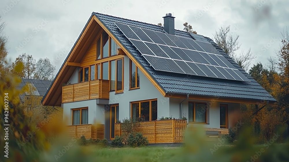 Photovoltaic system on the roof new suburban house modern eco friendly passive house Photovoltaic system on the roof new suburban house modern eco friendly passive house