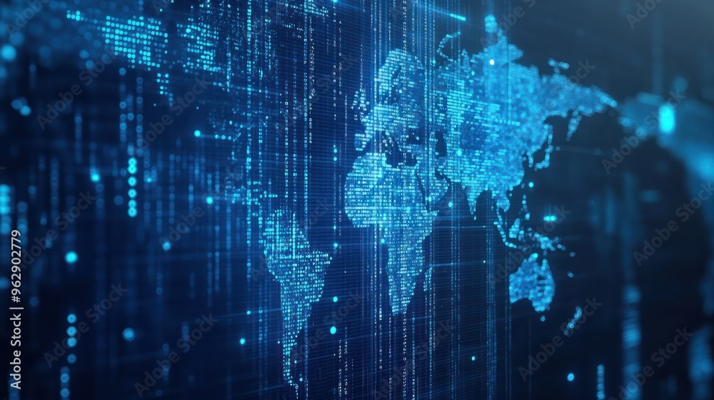 Abstract digital world map on blue background with binary code and global network connection technology concept, data transfer and cyber security in the cyberspace Abstract digital world map on blue background with binary code and global network connection technology concept, data transfer and cyber security in the cyberspace