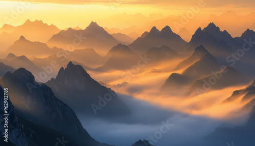 A breathtaking view of layered mountains at sunset, enveloped in mist and warm hues, evoking tranquility and awe.