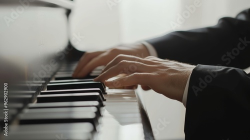 Close-up shot of a pianist's hands gracefully playing the piano. The natural light filtering through the window adds warmth to the scene, emphasizing the elegance and precision of the performance.
