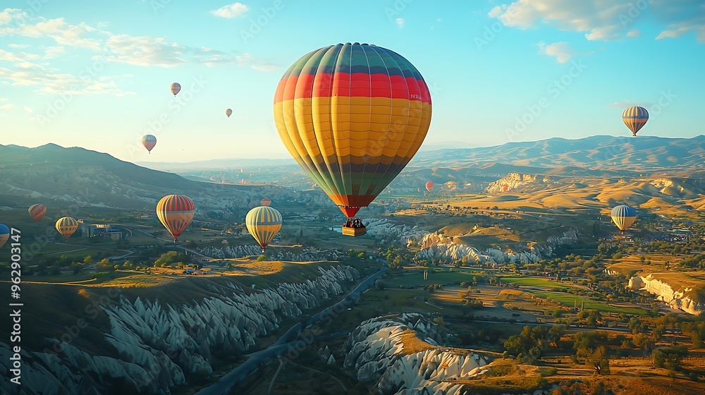 Fototapeta premium Hot air balloons soar over the Cappadocia landscape, offering stunning views of the region�s iconic fairy chimneys and valleys.