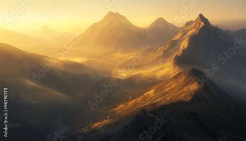 A breathtaking view of majestic mountains bathed in golden light during sunset, showcasing the beauty of nature.