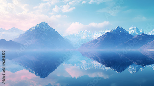 3d render, fantasy landscape panorama with mountains reflecting in the water. Abstract background wallpaper with skyline 3d render fantasy landscape with mountains, Generative AI