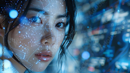 A close-up of an Asian woman with artificial intelligence interface holograms around her, showcasing robotic power with a futuristic background and ample copy space on the left side