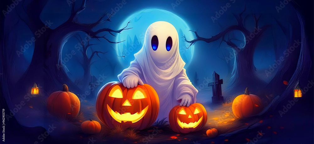 An illustration of a cute white ghost and a Halloween pumpkin.