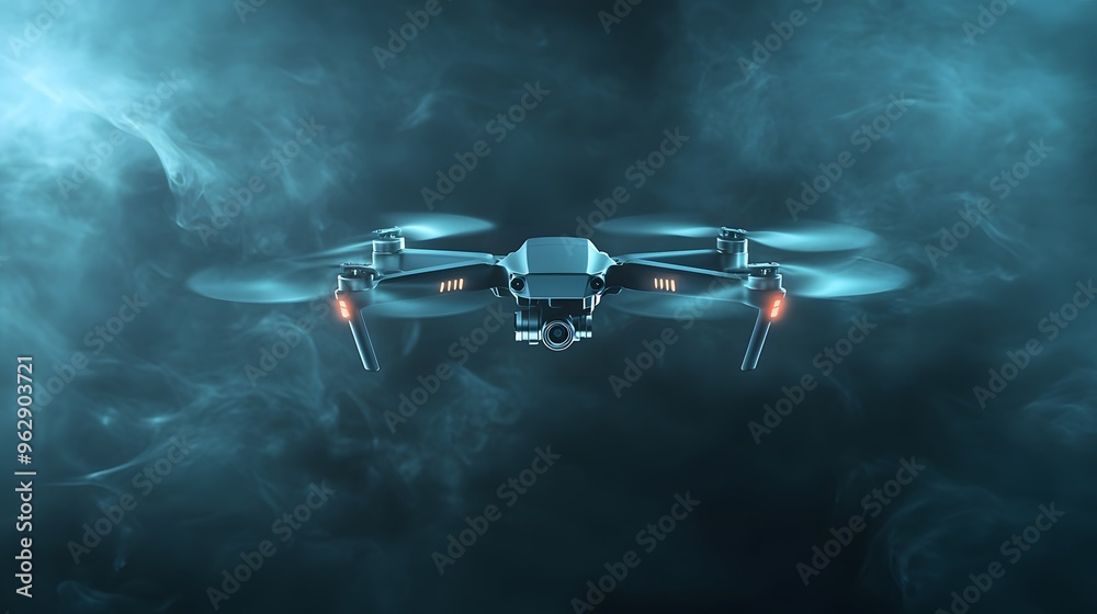 Drone flying smoothly with visible airflow trails, cutting-edge tech, aerodynamics.