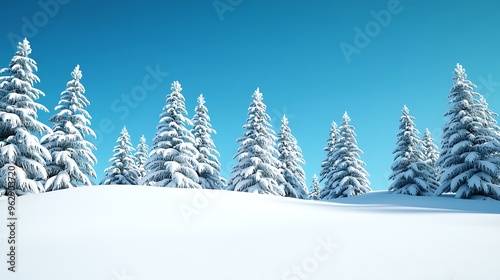 A snowy pine forest with a blue sky creates a tranquil winter landscape, blending icy whites with deep sky blues.