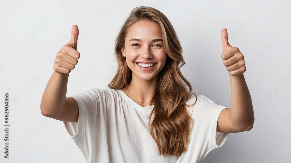 A cheerful businesswoman giving a thumbs up, an OK sign, and a victory sign A cheerful businesswoman giving a thumbs up, an OK sign, and a victory sign