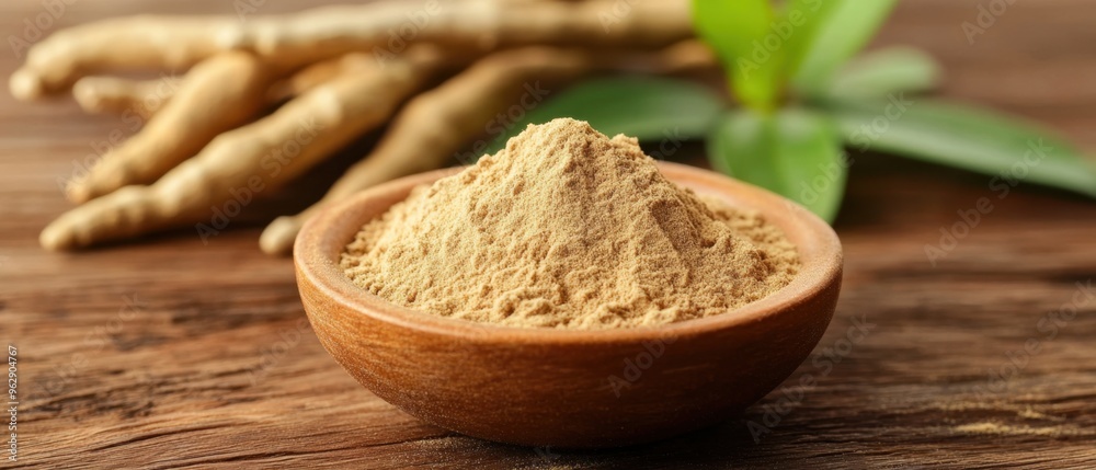 Ashwagandha root powder in a small ceramic dish with fresh ashwagandha roots and green leaves in the background Ashwagandha root powder in a small ceramic dish with fresh ashwagandha roots and green leaves in the background