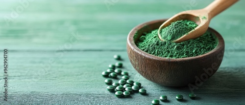 Spirulina powder in a wooden bowl with vibrant green spirulina algae scattered around and a wooden spoon filled with the powder photo