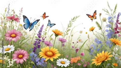 A detailed HD illustration of a summer meadow with a seamless floral pattern. The watercolor horizontal border features a rich array of wildflowers, butterflies, and dragonflies