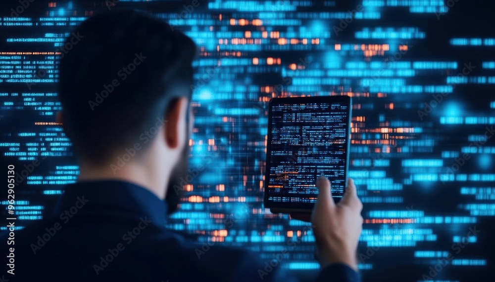 A professional analyzes digital data on a tablet against a backdrop of glowing code, symbolizing the future of technology. A professional analyzes digital data on a tablet against a backdrop of glowing code, symbolizing the future of technology.