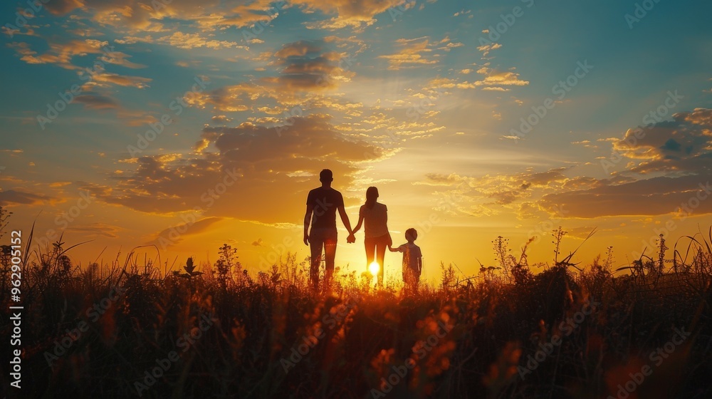 Fototapeta premium A beautiful sunset casts a golden glow over a family silhouette, highlighting their togetherness in a peaceful evening scene.