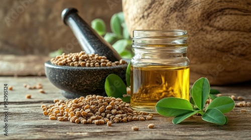 Fenugreek seed extract in a small jar with fenugreek seeds, green leaves, and a mortar and pestle on a wooden table