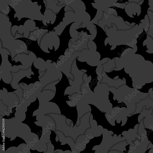 seamless Halloween background, vector illustration of a repeating pattern with lots of bats on a dark background, black silhouettes of bats