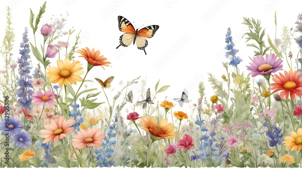 A detailed HD illustration of a summer meadow with a seamless floral pattern. The watercolor horizontal border features a rich array of wildflowers, butterflies, and dragonflies A detailed HD illustration of a summer meadow with a seamless floral pattern. The watercolor horizontal border features a rich array of wildflowers, butterflies, and dragonflies
