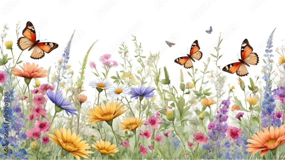 A detailed HD illustration of a summer meadow with a seamless floral pattern. The watercolor horizontal border features a rich array of wildflowers, butterflies, and dragonflies